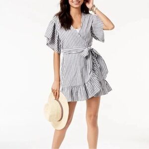 Miken Gray Blue and White Ruffled Wrap Mini Dress